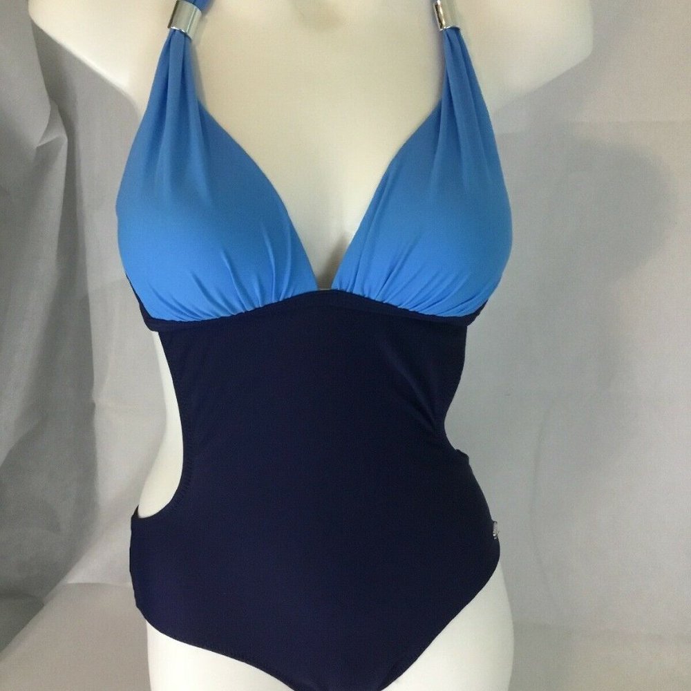 Marko One Piece Swimsuit Navy And Light Blue Halter Monokini NWOT Women Sz Lg 40